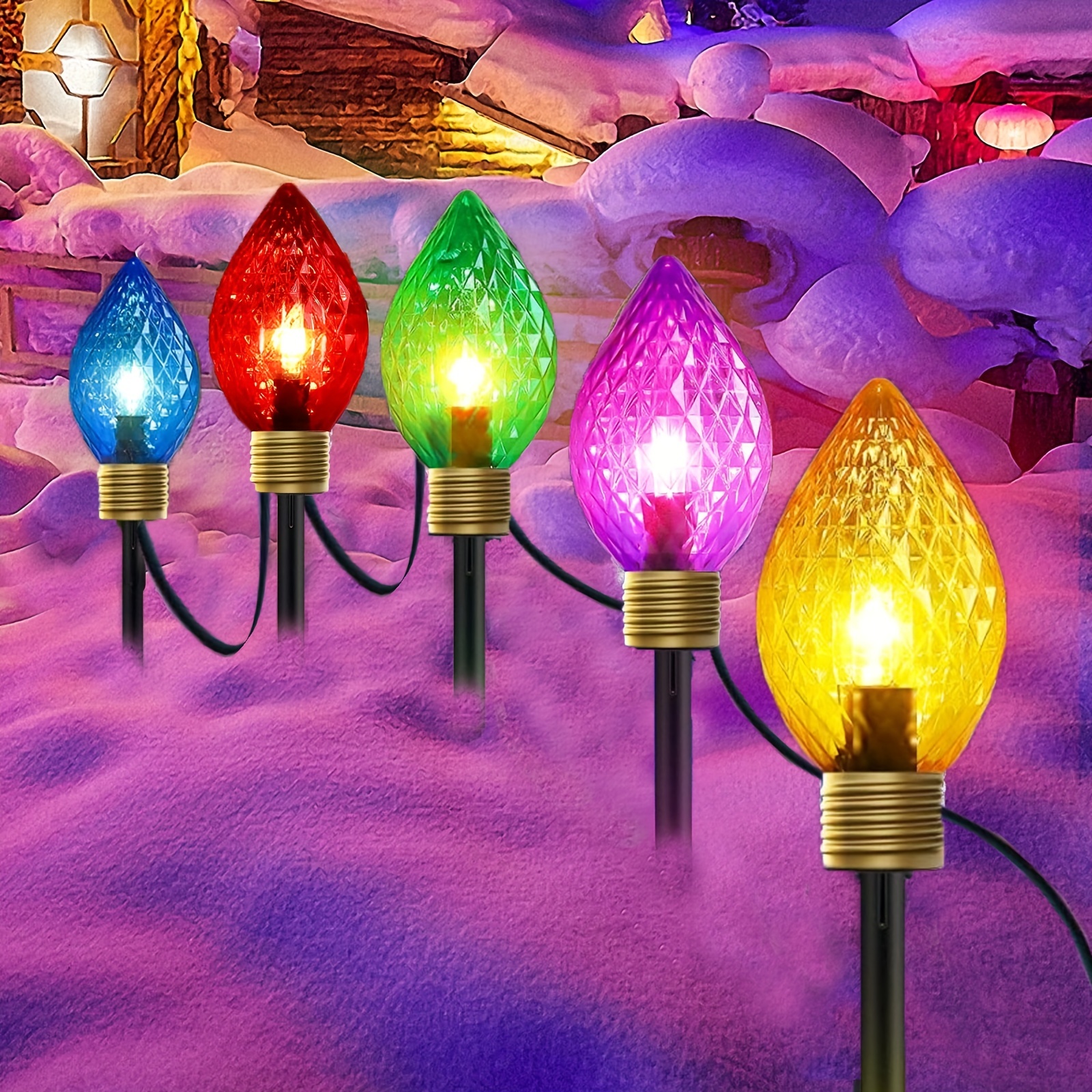 

C9 Christmas Pathway Lights, Outdoor Lawn Decorations With Pathway Marker Stakes Large Multicolored Bulb Lights, For Yard Holiday Party Garden Decor 5 Lights