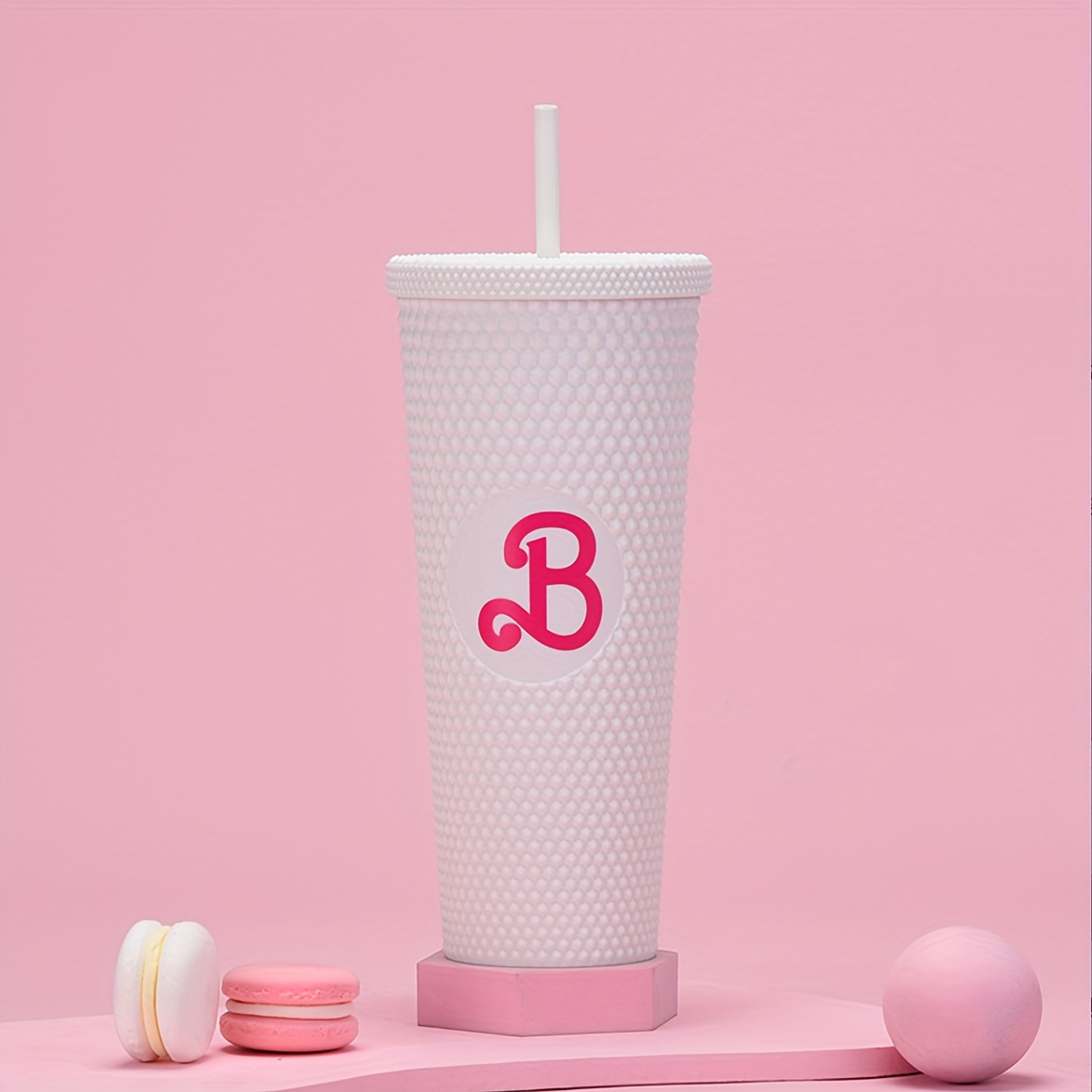 Hot Pink Tumbler w Lid Straw Barbie Diamond Studded Coffe Hot Cold
