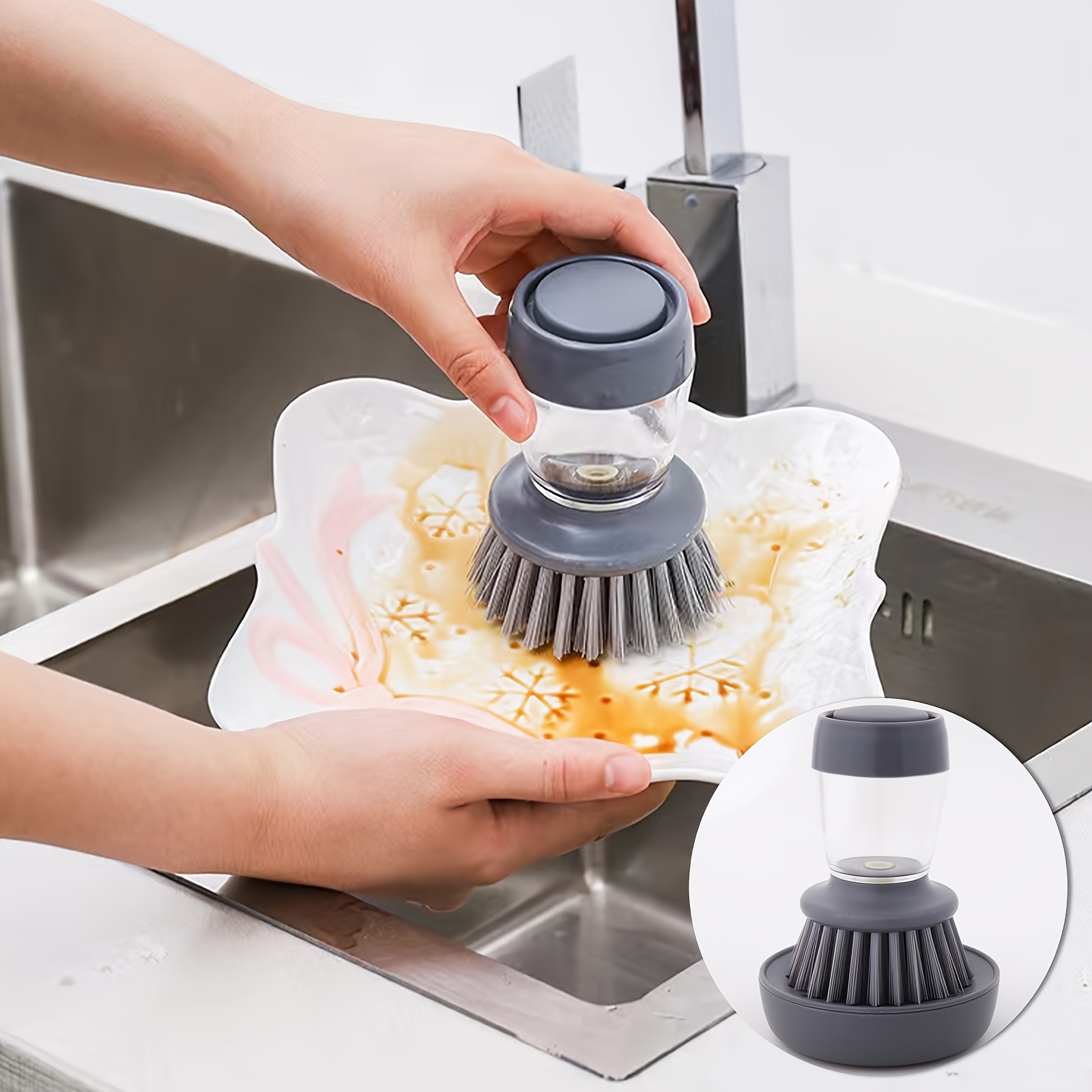 Cepillo para lavar platos con dispensador de jabón, cepillo para lavar  platos de cocina con cabezal reemplazable, cepillo para limpiar platos y
