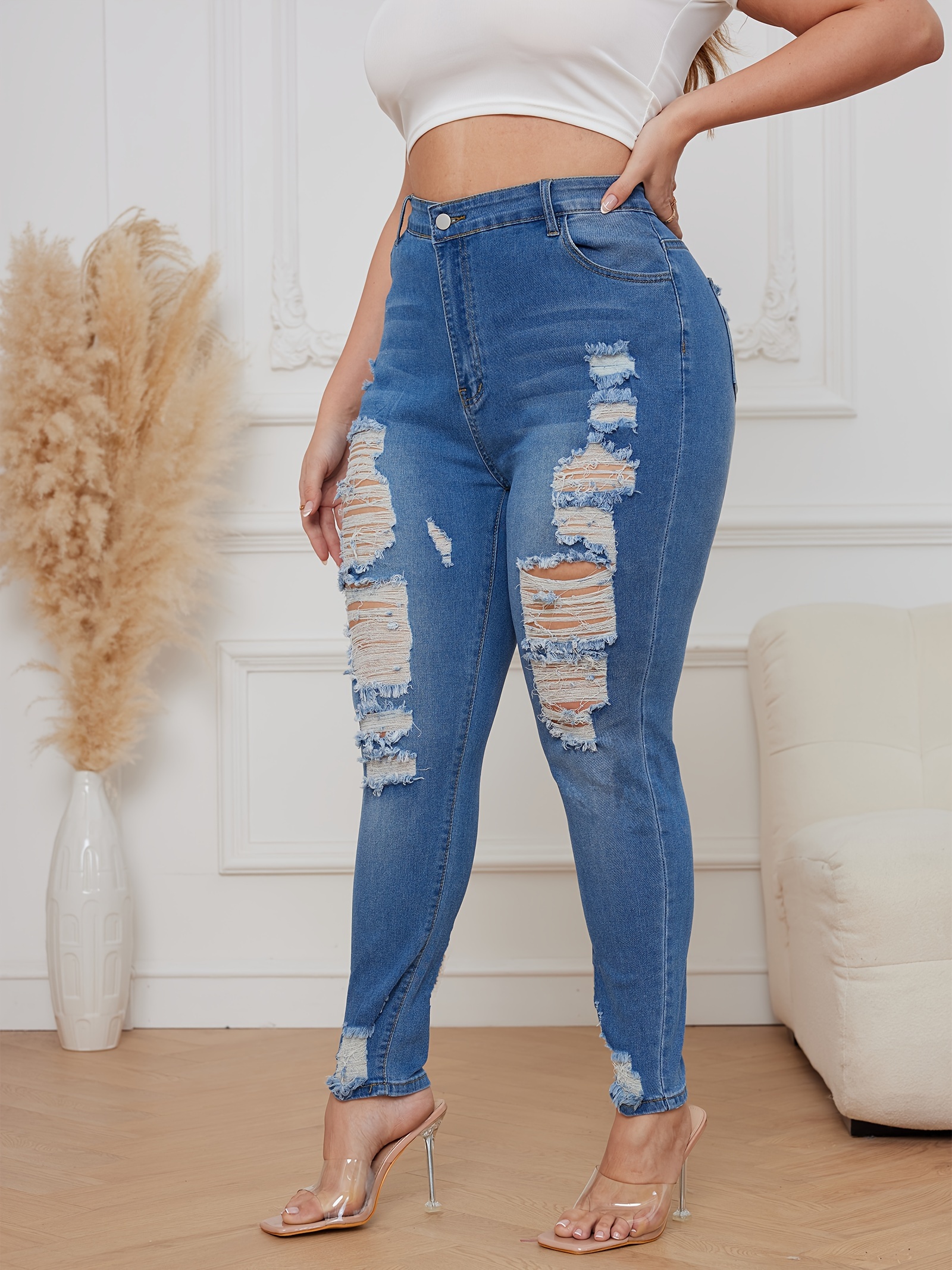 Plus Size Casual Jeans, Women's Plus Ripped Button Fly Medium Stretch  Skinny Destroyed Denim Pants