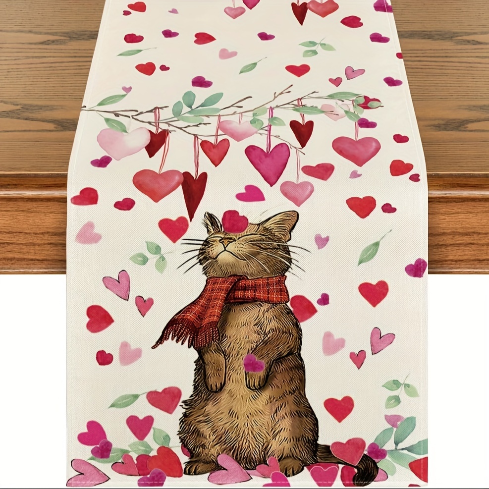Table Runner Valentines Day Theme Cute Cat Floral Heart - Temu New