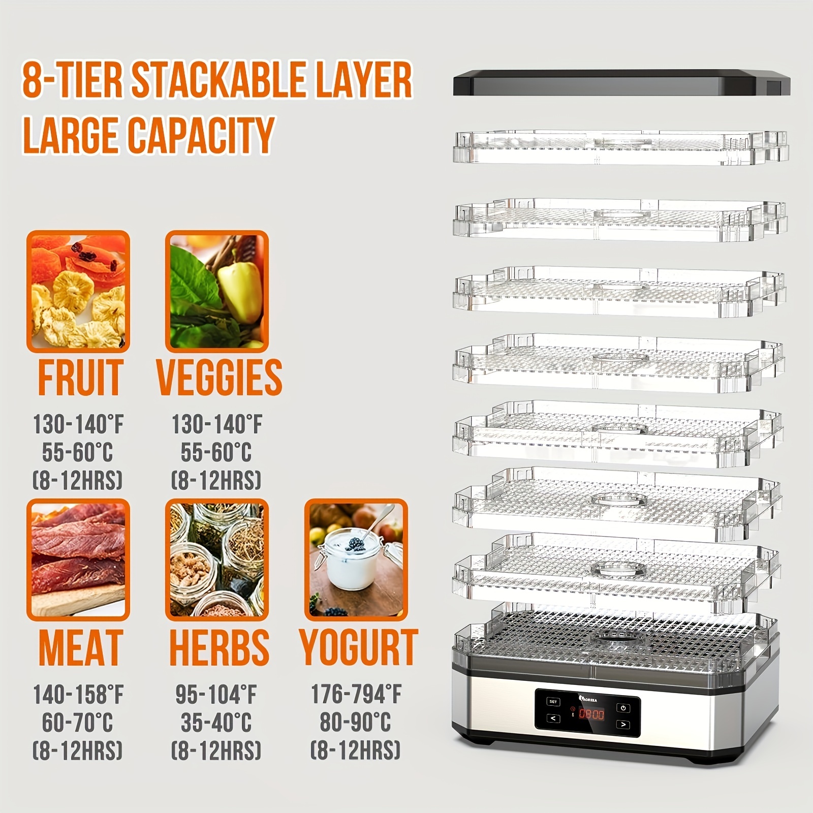 Iagreea  食品乾燥機、8トレイ、食品乾燥機、デジタルタイマーと温度制御、ジャーキー/肉/牛肉/フルーツ/野菜、犬のおやつ、ハーブ、ヨーグルト用、bpaフリー、400w  新規ユーザーへの無料配送 Temu Japan
