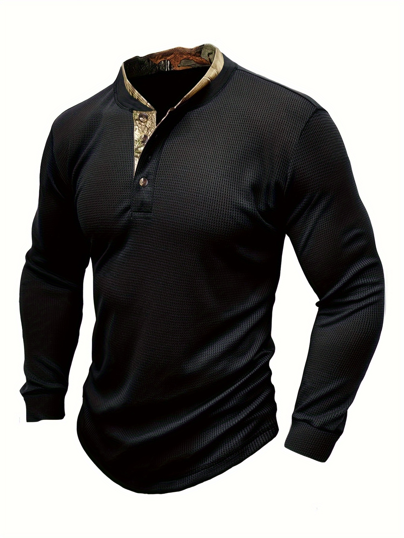 Mens Long Sleeve V-Neck Shirt Top Henley Grandad Collarless Button