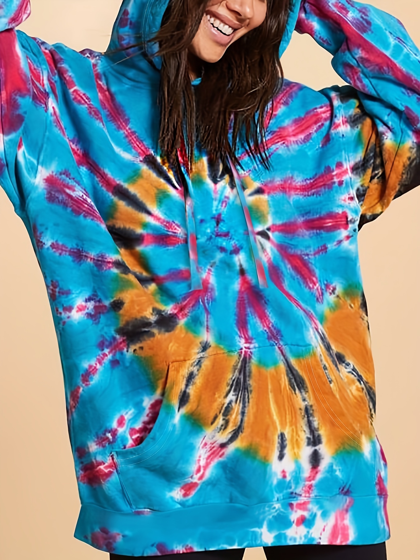 INSTANTARTS Tie Dye Print Hooded Pullover | Long Sleeve, Front Pocket, Drawstring Hood | Women's Casual Athletic Top