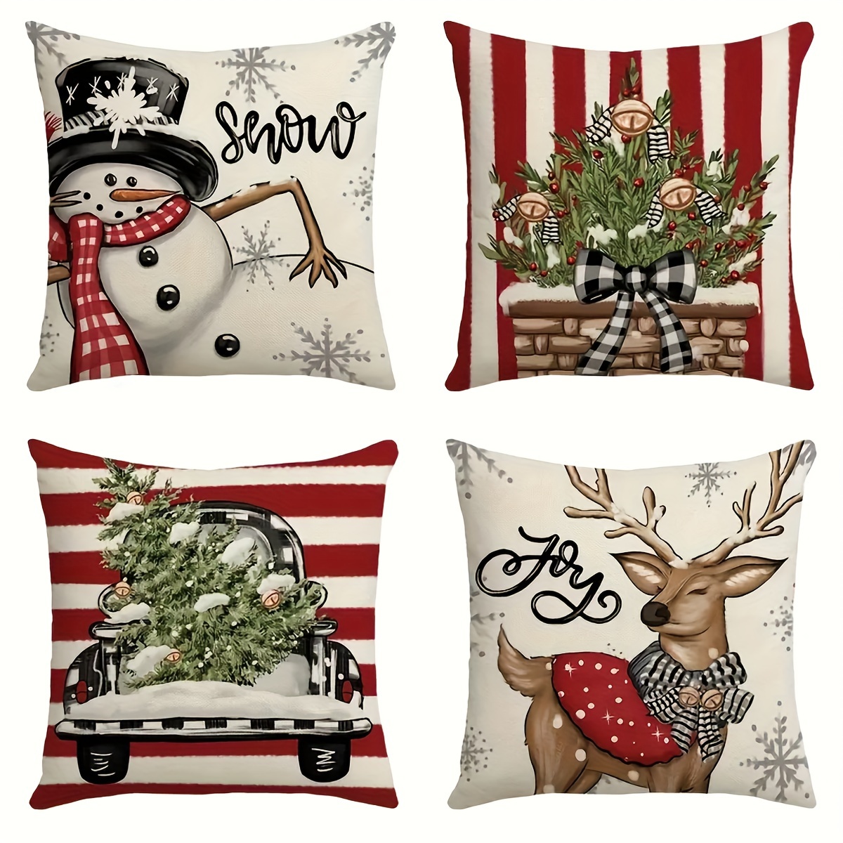 4pcs Christmas Tree Snowman Elk Santa Claus Geometric Plaid Pattern Printed  Polyester Fabric Throw Pillow Case, Bedroom Office Sofa Farmhouse Home Dec