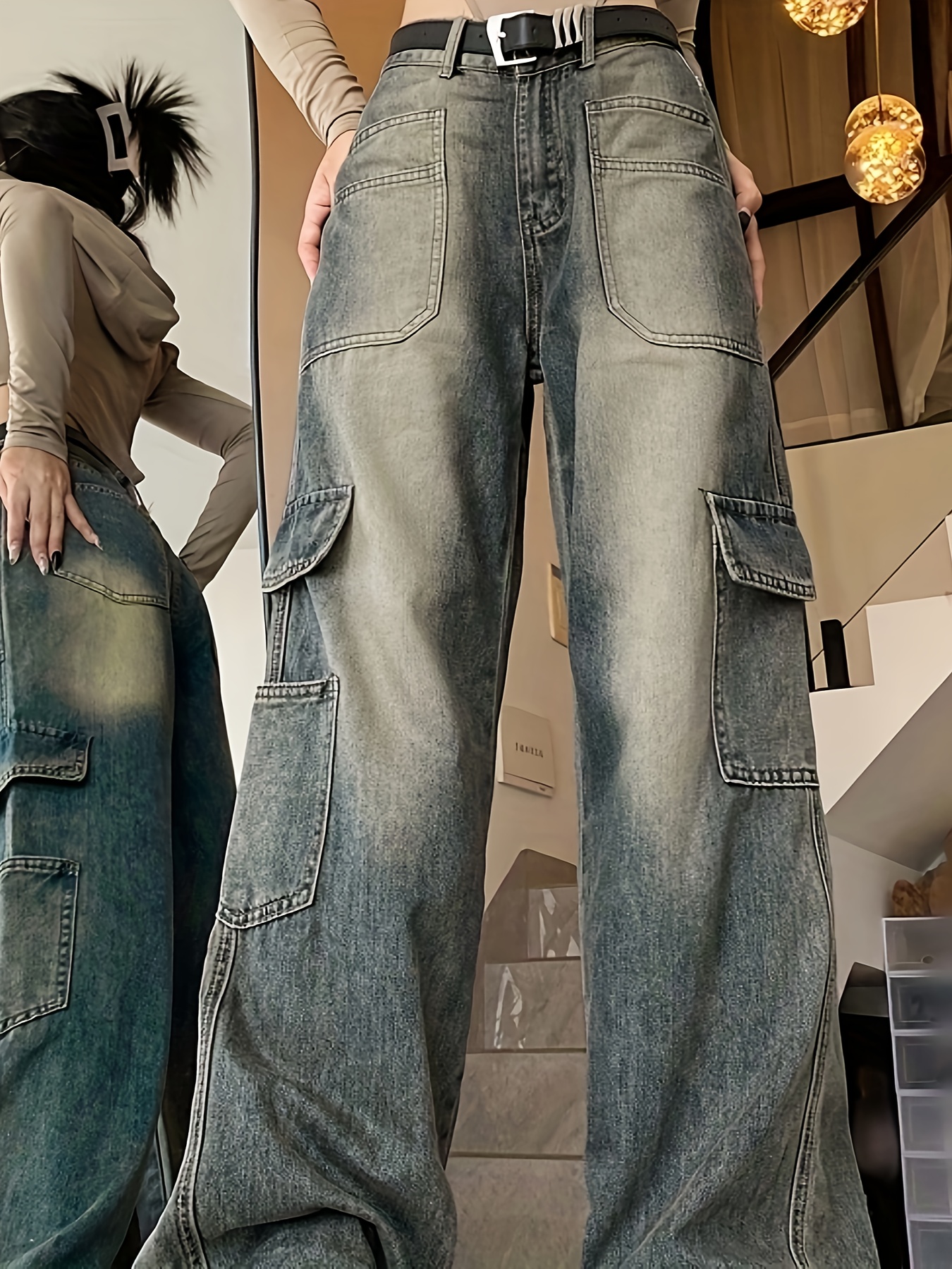 Women Ladies Jeans Washed Big Pockets Loose Denim Pants Jeans Baggy Jeans