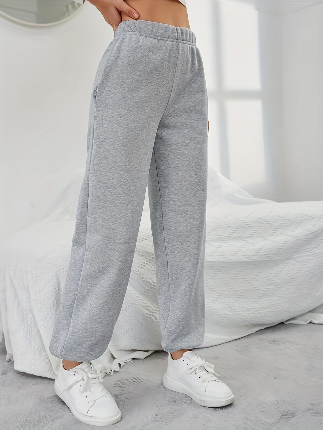 Plus Size Casual Pants, Women's Plus Solid Elastic High * Loose Fit Jogger  Sweatpants With Pockets
