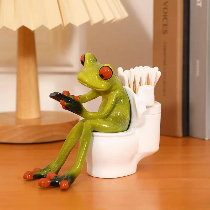 1pc Resin Creative 3D Craft Frog Figurine Statue Pencil Holder, Funny Green  Frog Texting On Toilet Personalized Animal Collectible Figurines Frog Craf