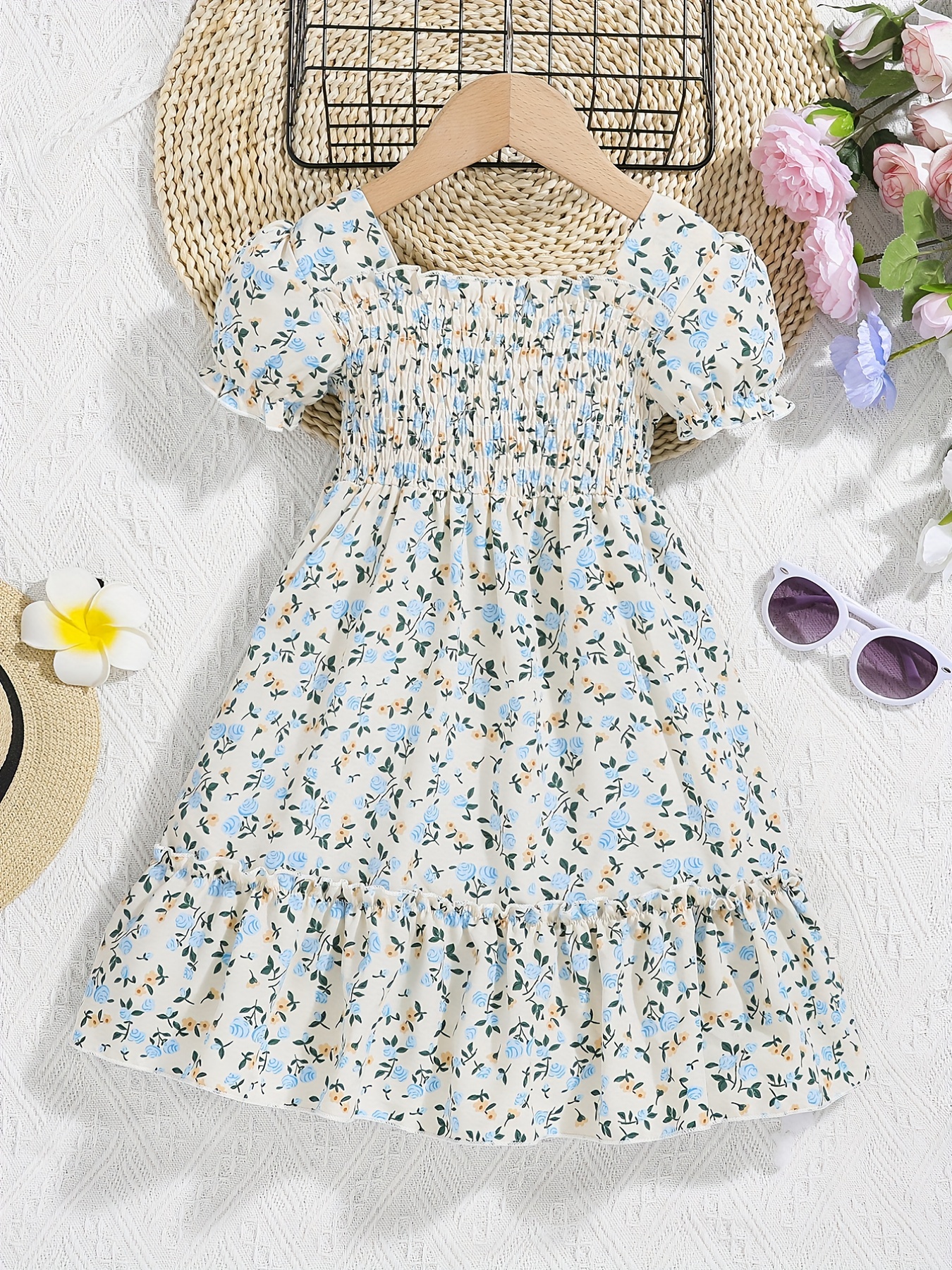 Cute Dress Girls Ruffle Trim Shirred Puffy Floral Dress - Temu