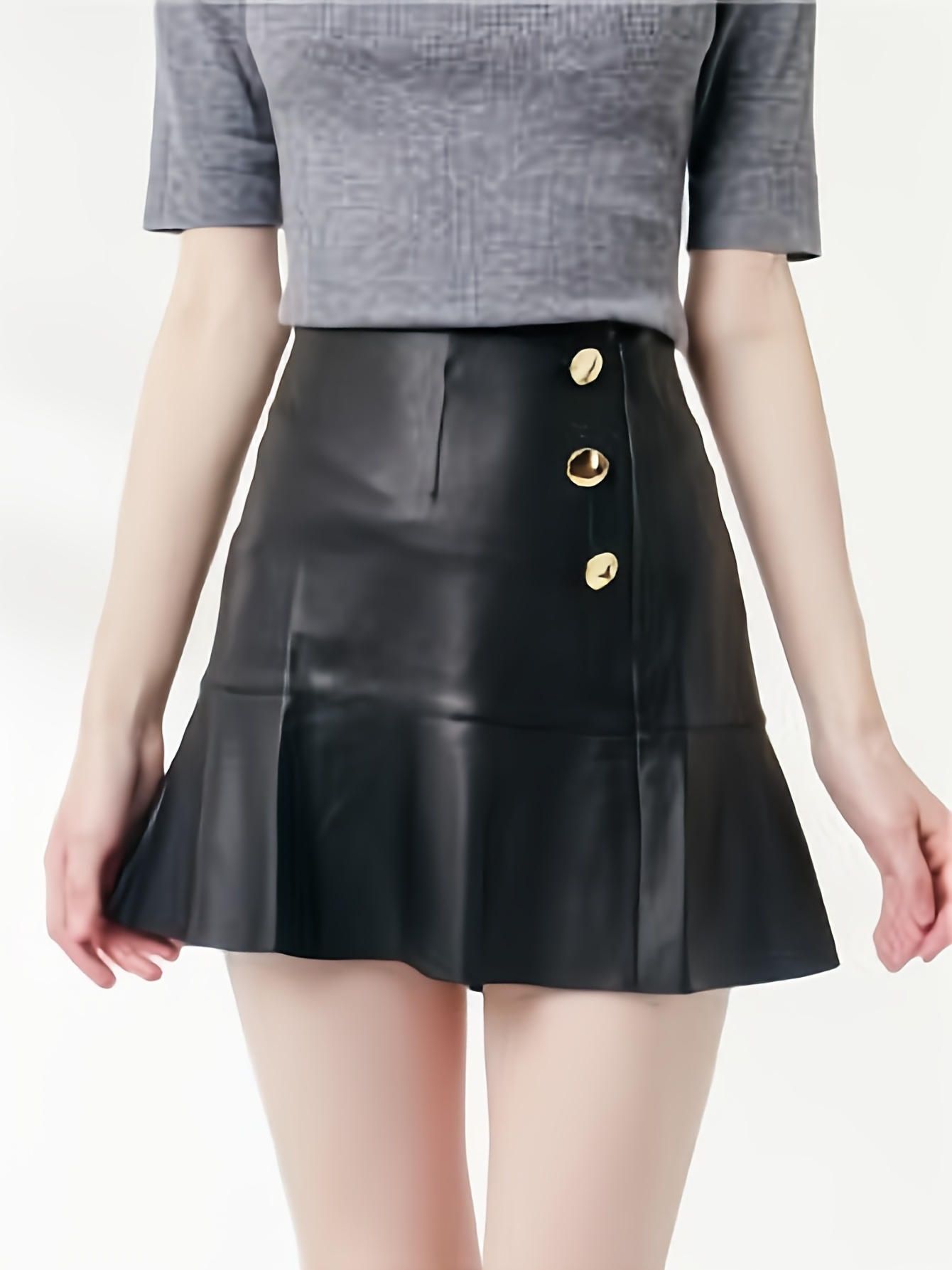 woman high waist pu leather ruffle