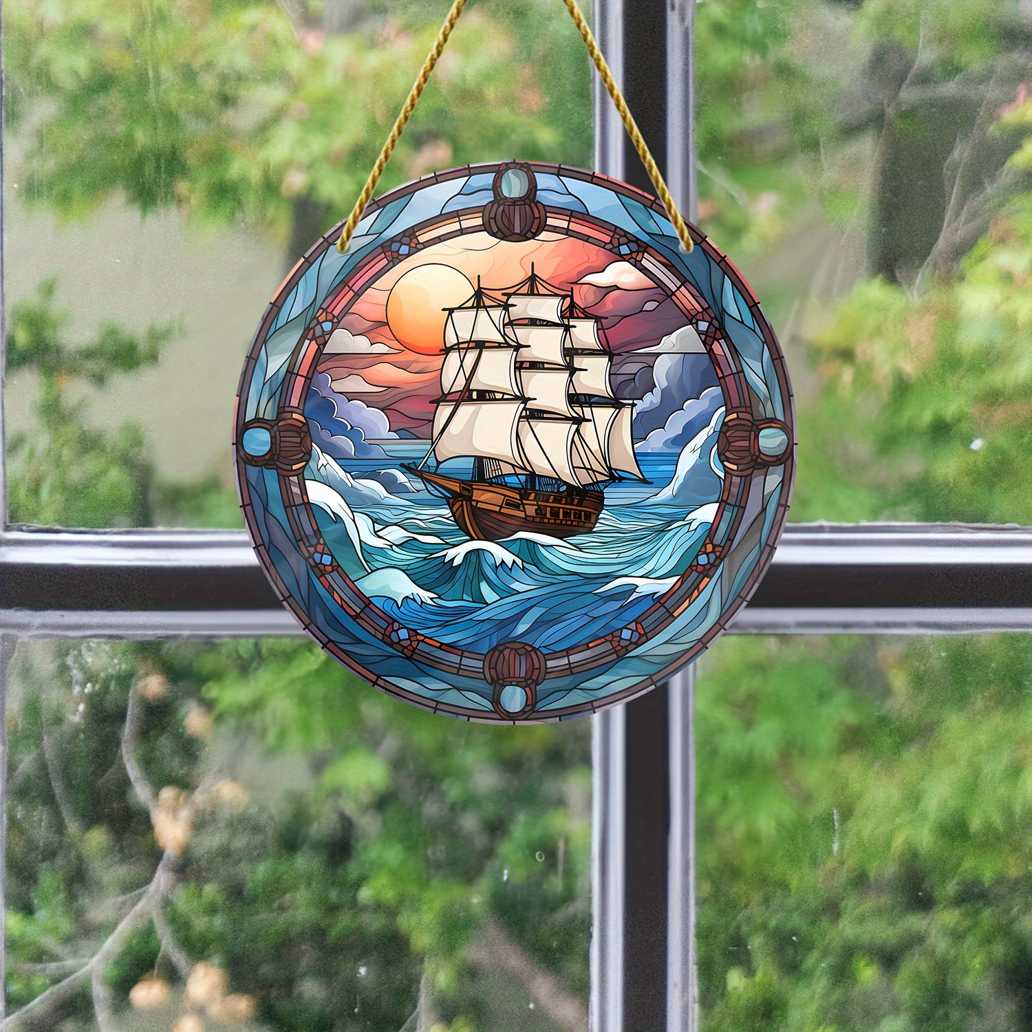 1pc, Stained glass pirate ship decoration, round acrylic ark decoration  hanging sign, pirate decoration, holiday decoration, home decoration, room