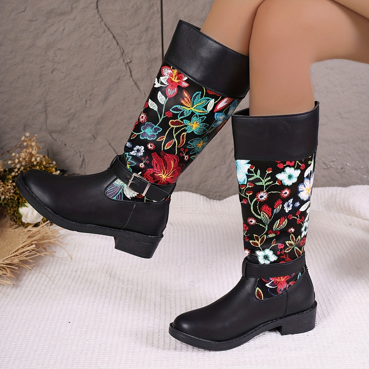 Botas Cuero Sint tico Ca a Alta Estampado Floral Mujeres Temu Mexico