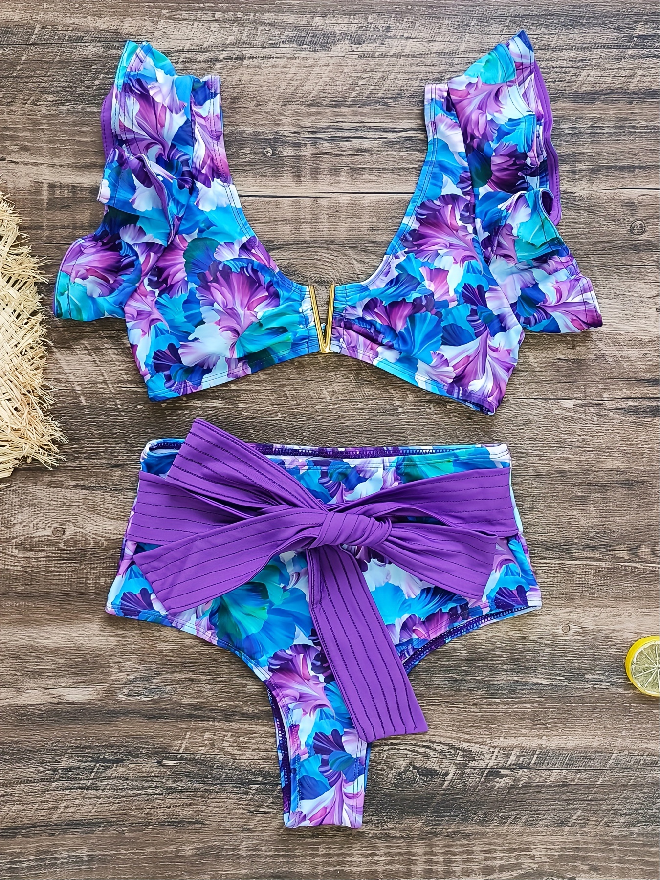 Two Piece Bikini Set For Women Ruffle Sleeve Swimsuits Floral