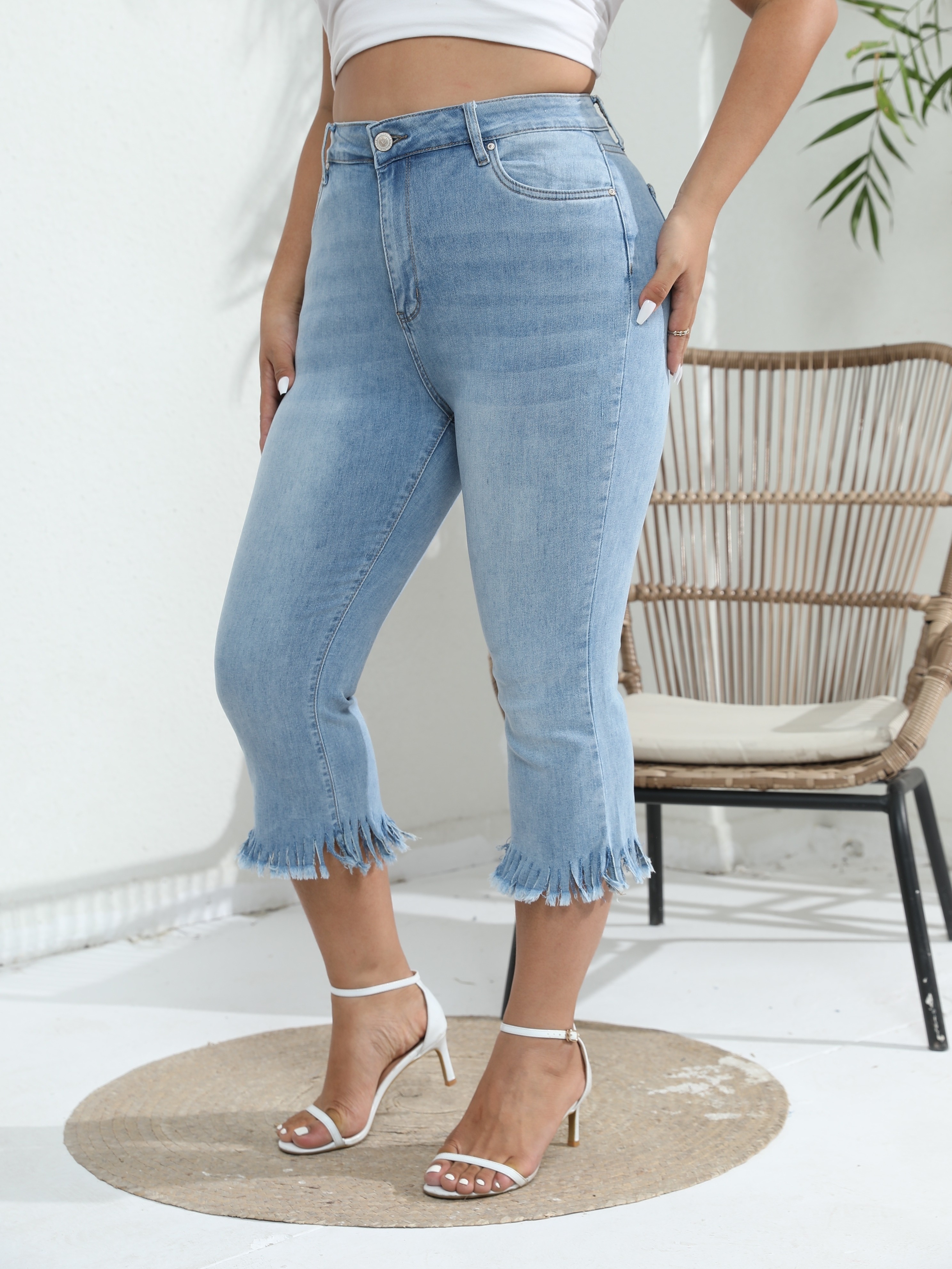 Plus Size Casual Jeans Women's Plus Solid Ripped High - Temu Canada