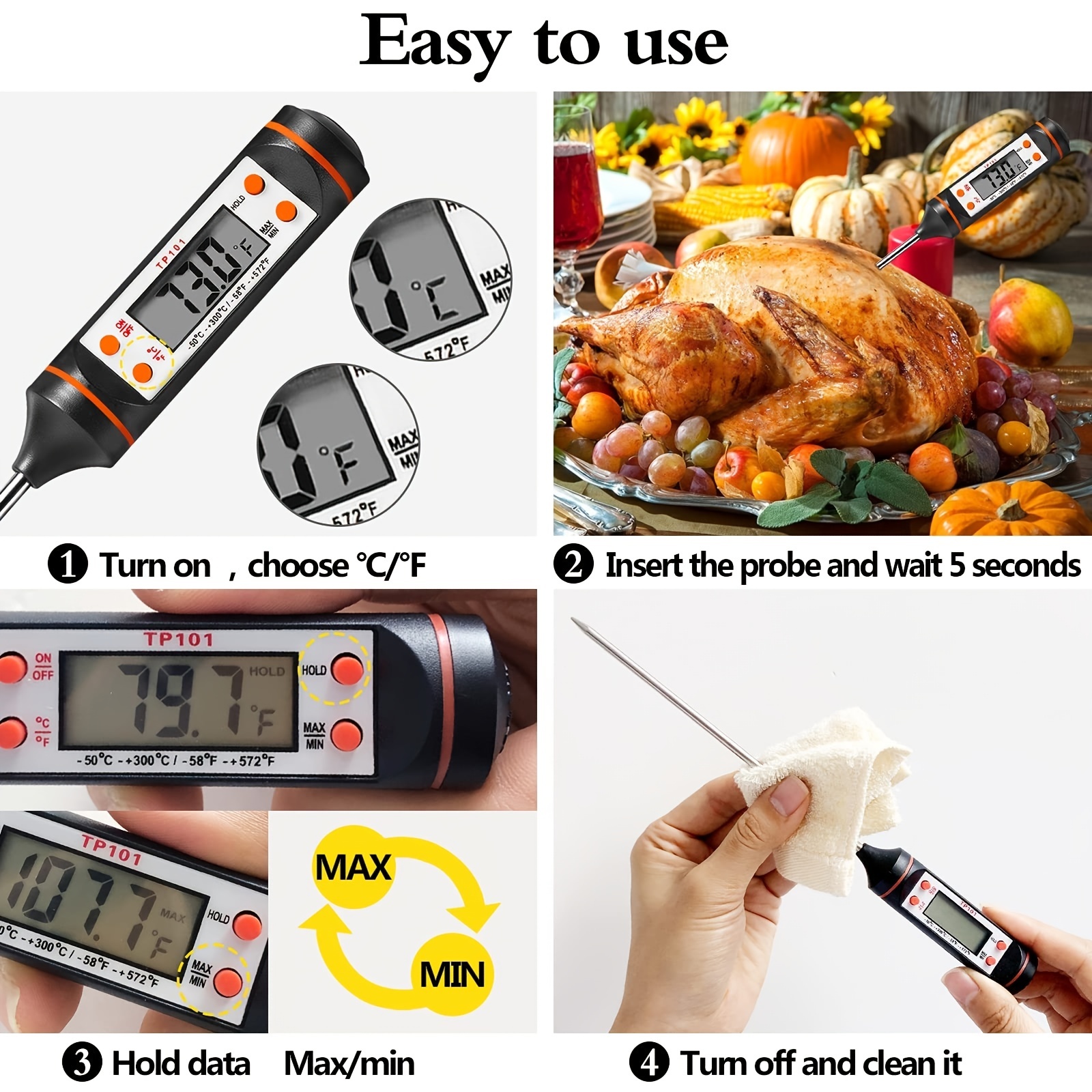 Tp01 Food Baking Digital Thermometer Instant Read Meat Thermometer Digital  With Probe Food Thermometer, Great For Cooking Bbq Milk - Temu