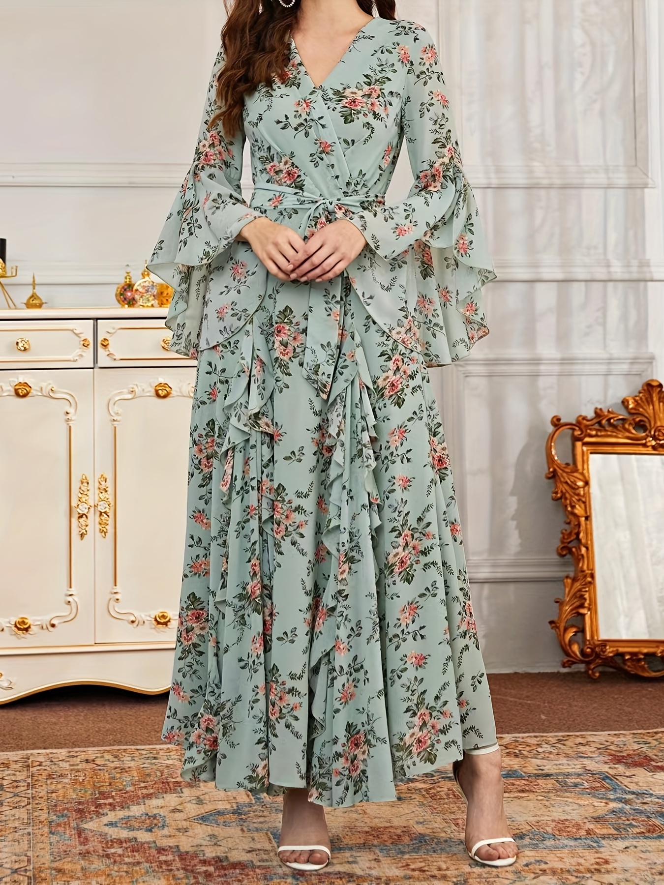 Floral Print Ruffle Trim Dress Elegant Tie Waist V neck - Temu