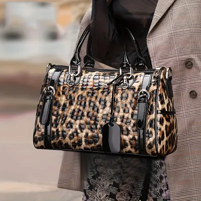 Leopard Pattern Handbag, Large Capacity Crossbody Bag, Women's Leather Top  Handle Purse