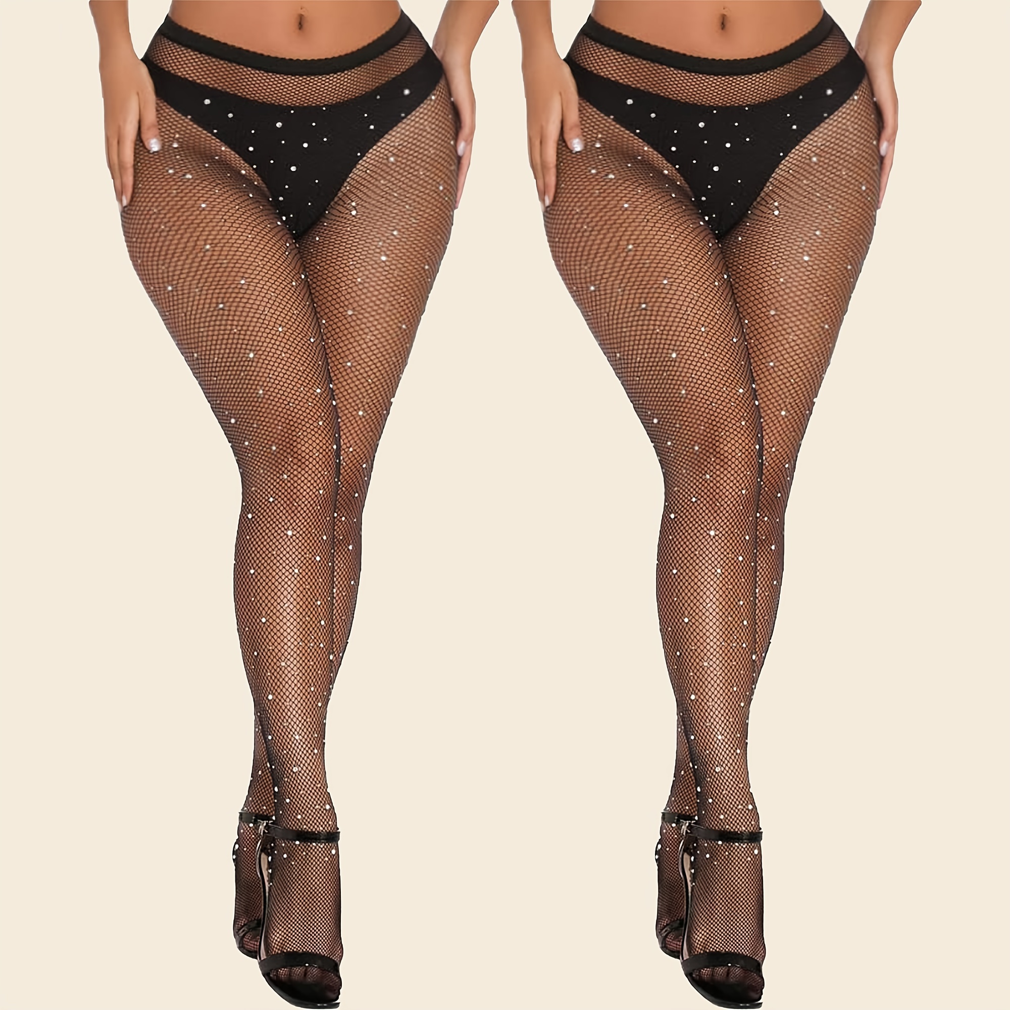 Black Rhinestone Fishnet Tights Semi sheer High Waist Footed - Temu Canada