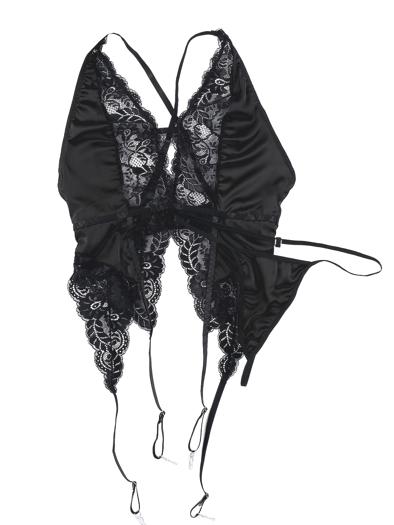 Black Lace Panel Deep V Neck Teddy Lingerie Jumpsuit Thong Set