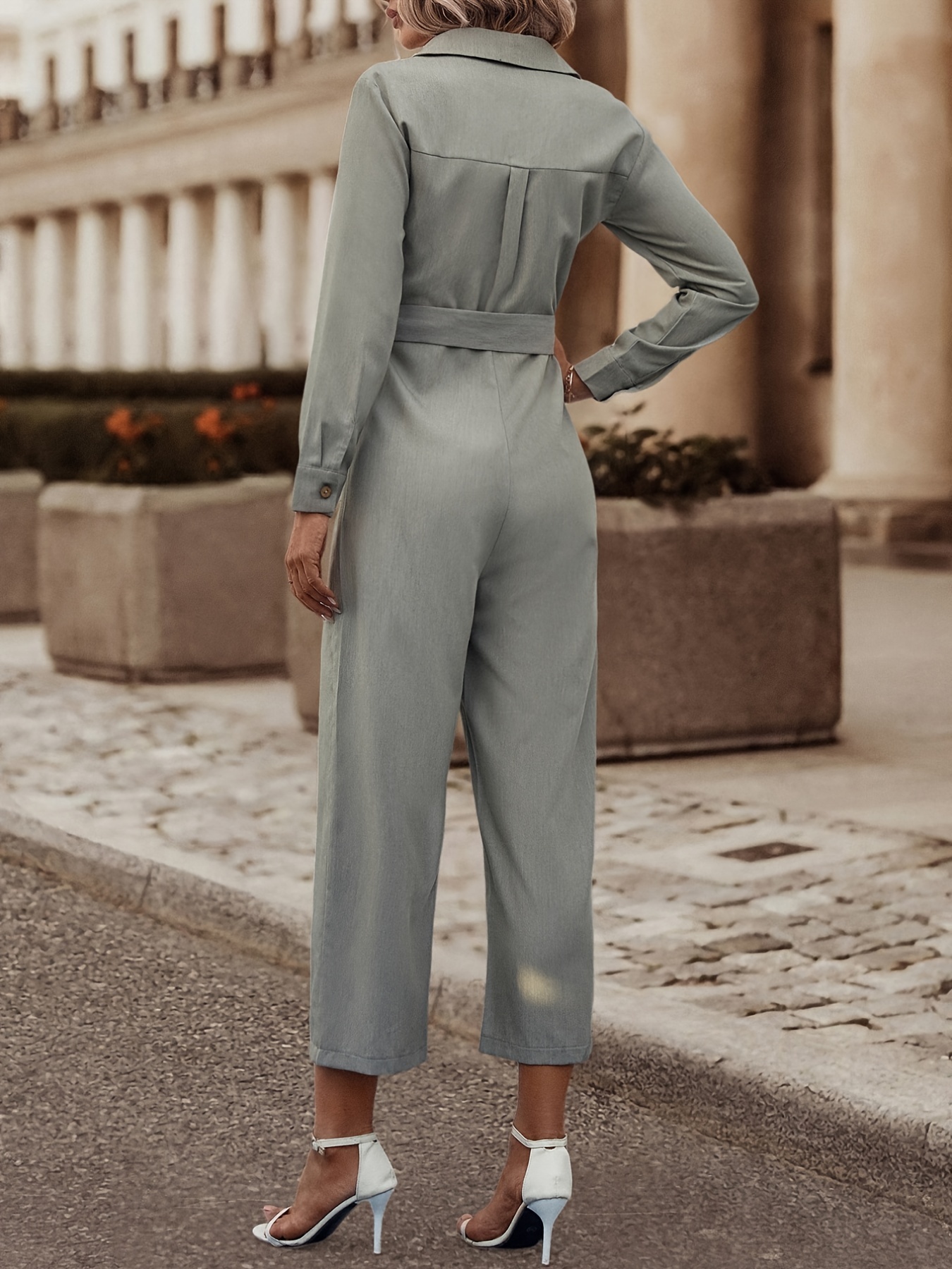 Y2k Belted Patched Pocket Placket Cargo Jumpsuit Tunic Long - Temu