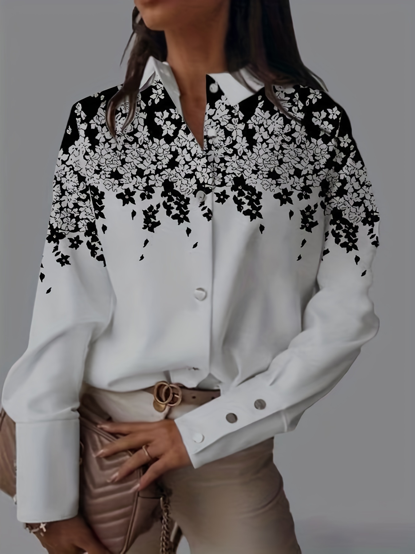 Çiçek Desenli Polo Yaka Gömlek, Bahar ve Sonbahar için Rahat Uzun Kollu Gömlek, Kadın Giyim