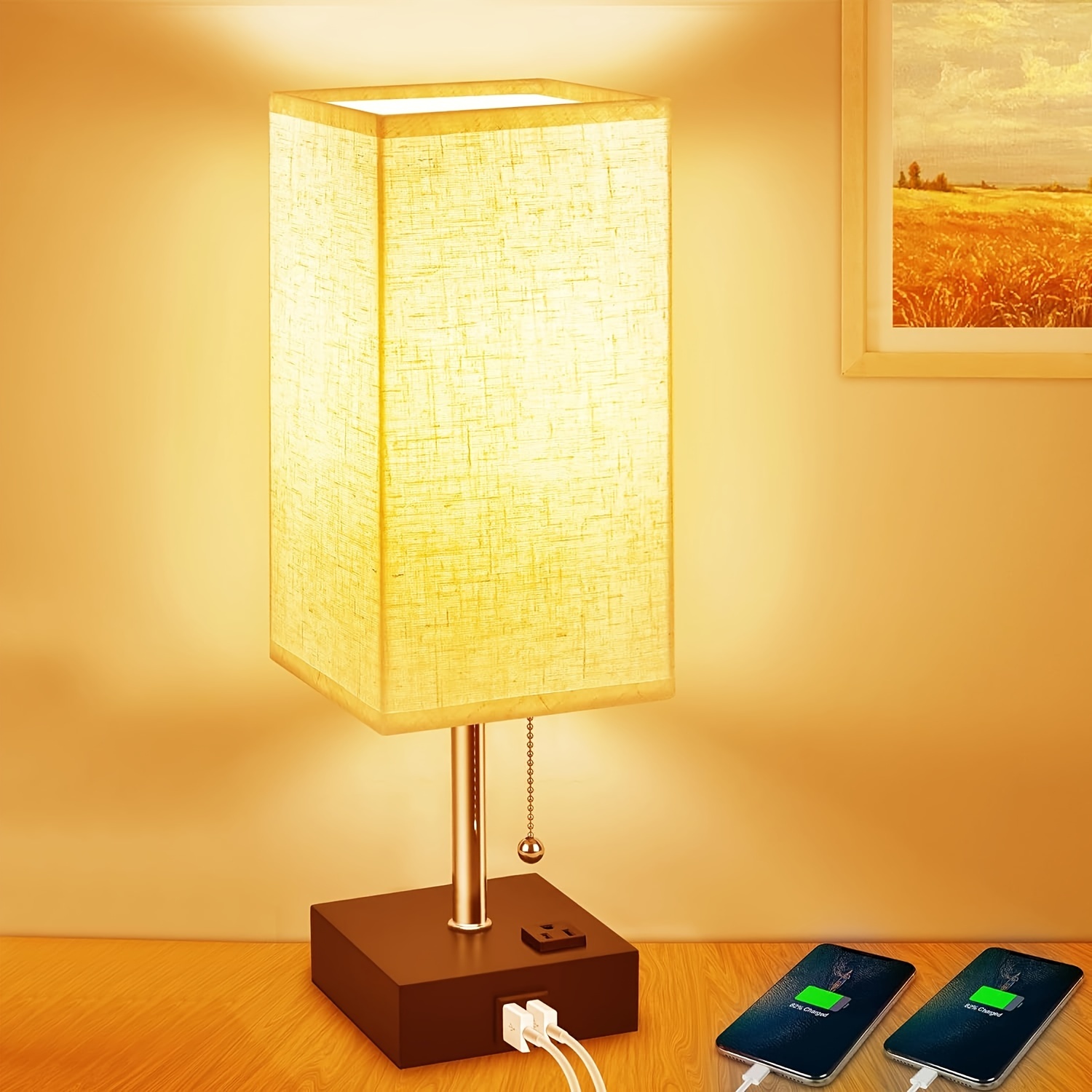  GGOYING Set of 2 Bedside Table Lamp, Pull Chain Table Lamp with  USB C+A Charging Ports, 2700K LED Bulb, Fabric Linen Lampshade, Nightstand  Lamp for End Table Livingroom Bedroom Office Guestroom 
