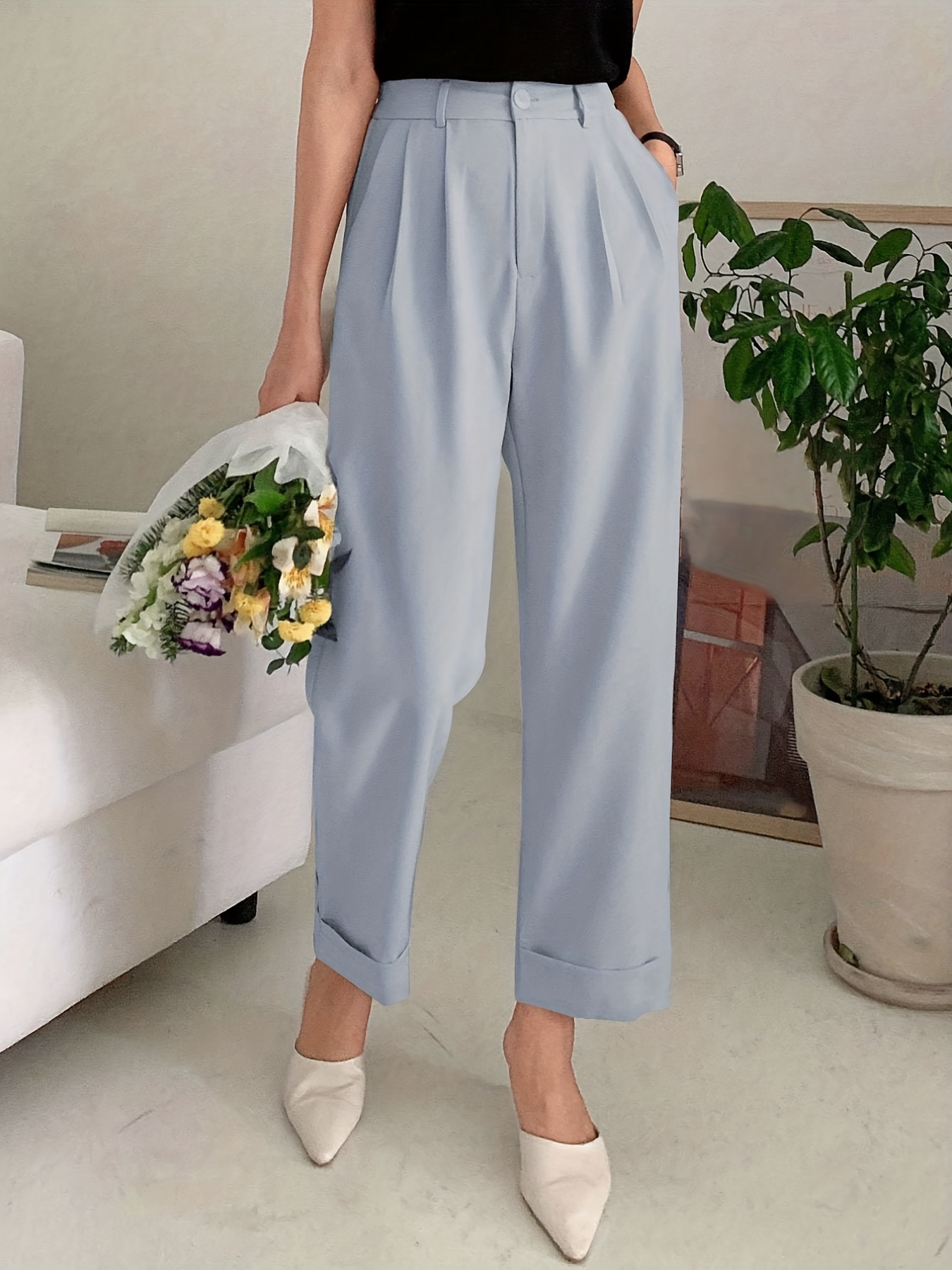 Brglopf Women Solid High Waist Pants Fold Pleated Straight Leg Long Trousers  Work Casual Tapered Ankle Pants with Pockets 