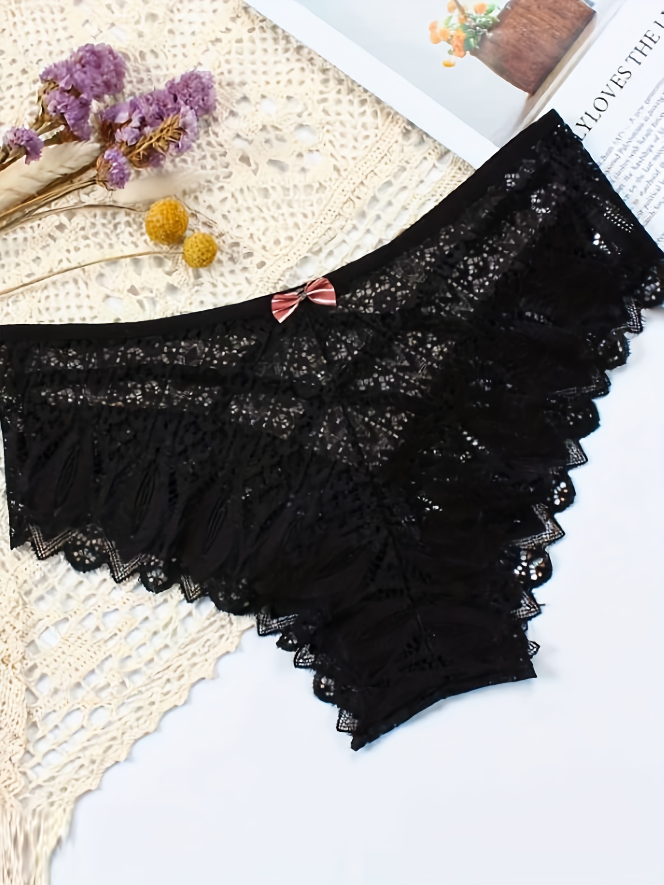 Black Cotton Hipster Underwear with Lace Trim for Women