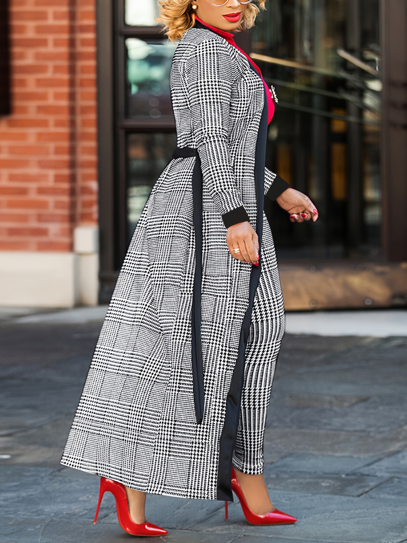 Houndstooth Print Elegant Two piece Set Open Front Long - Temu Canada
