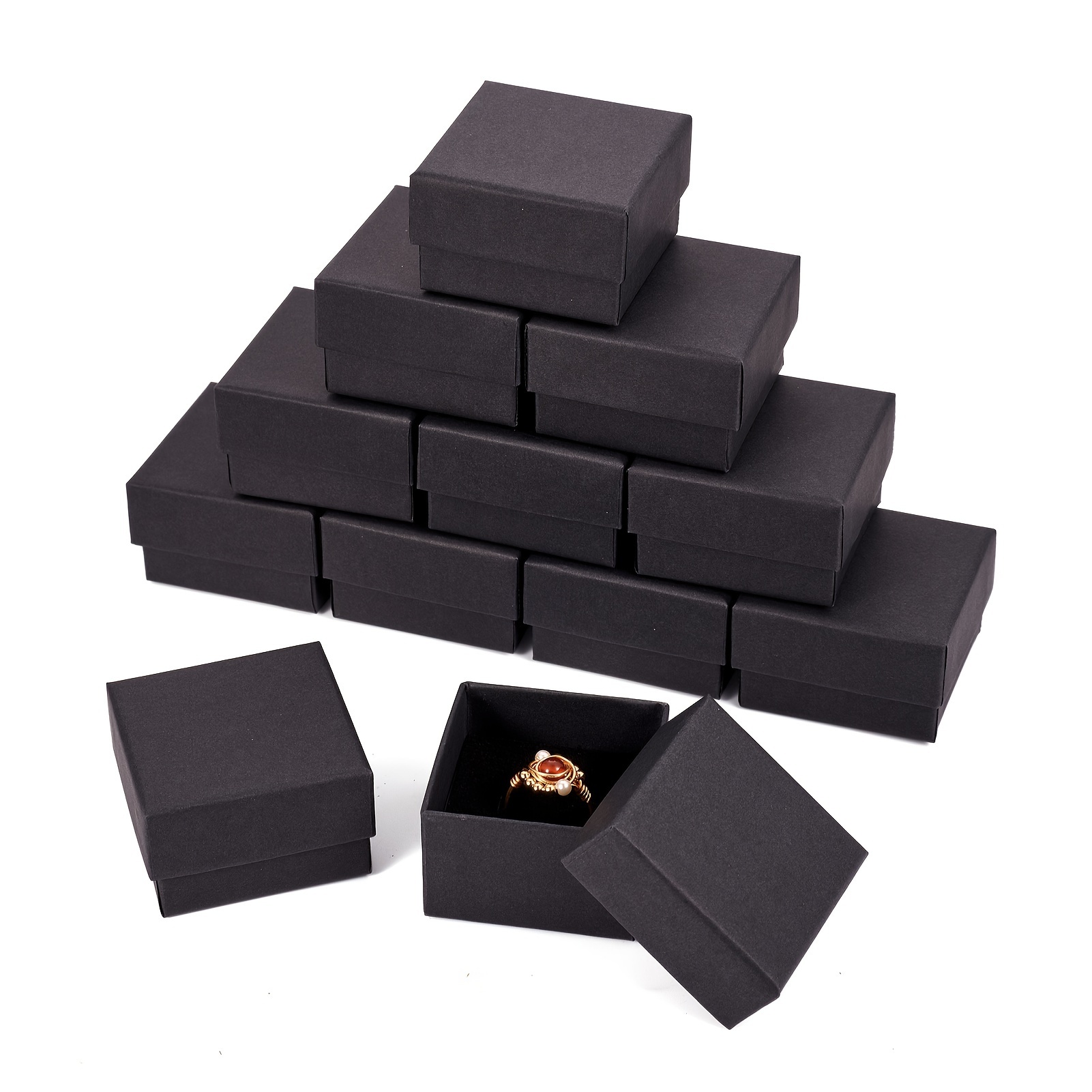 

24pcs Kraft Paper Cardboard Jewelry Ring Square Boxes With Sponge Inside, Upscale Black 5.1x5.1x3.2cm Valentine's Day Gifts Display Package Storage Retail Supplies