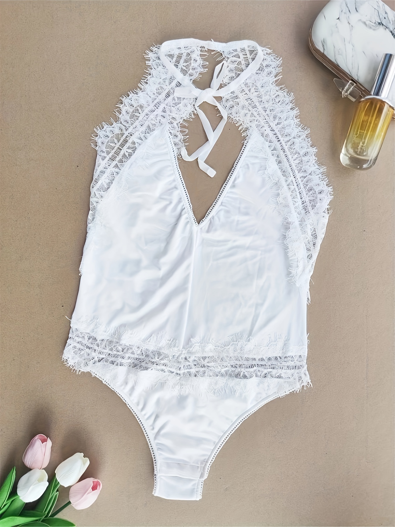 White Lace Open Back Thong Bodysuit, Tops