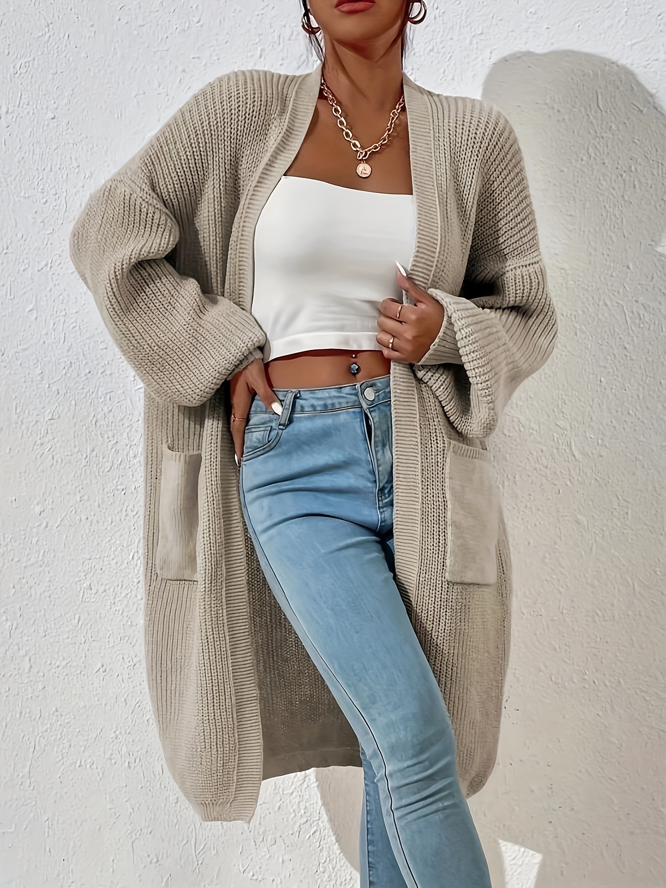 Solid Open Front Cardigan Casual Long Sleeve Drop Shoulder - Temu