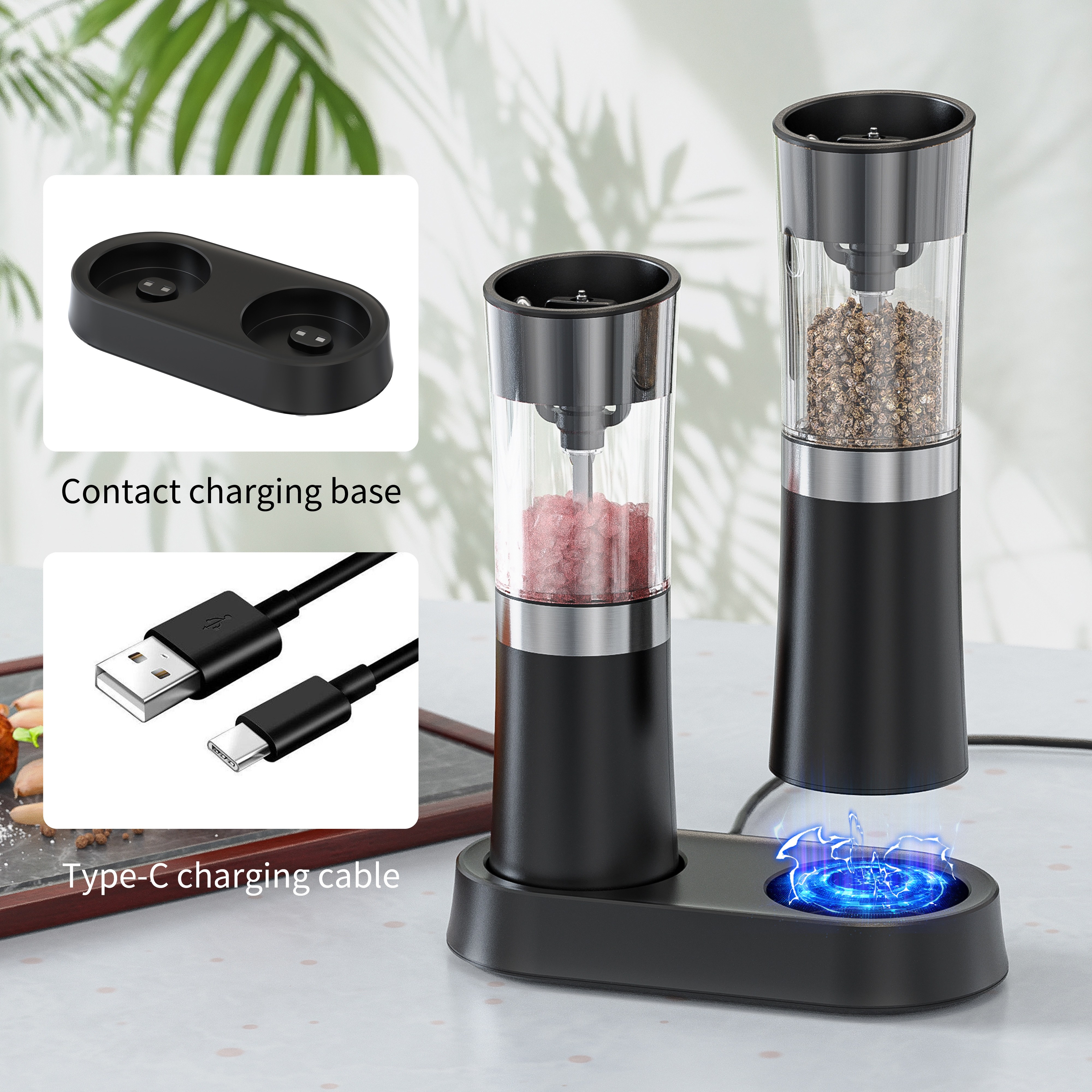 Electric Salt And Pepper Grinder Set, Rechargeable Electric Salt And Pepper  Crusher Set, Automatic Pepper And Sea Salt Spice Grinding Set, Adjustable  Thickness, Led Light Rechargeable, Thanksgiving Chrismas Halloween Gifts,  Kitchen Accessaries 