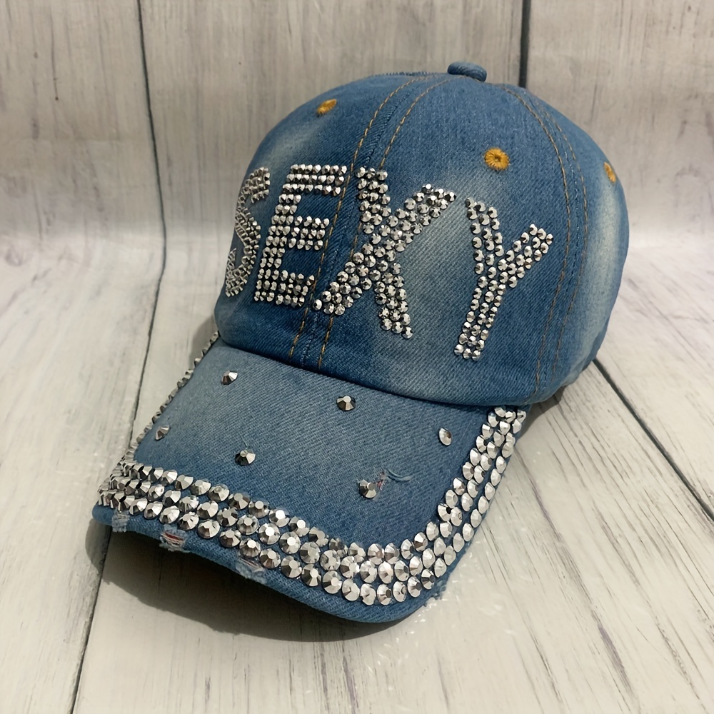 Rhinestone Bling Y2K Baseball Cap Women Adjustable Washed Distressed Denim  Hat Casual Cotton Dad Hats