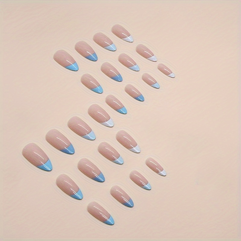 24pcs medium long almond shaped fake nails simple blue french style wearable false nail set 1sheet jelly glue and 1pc nail file included details 3