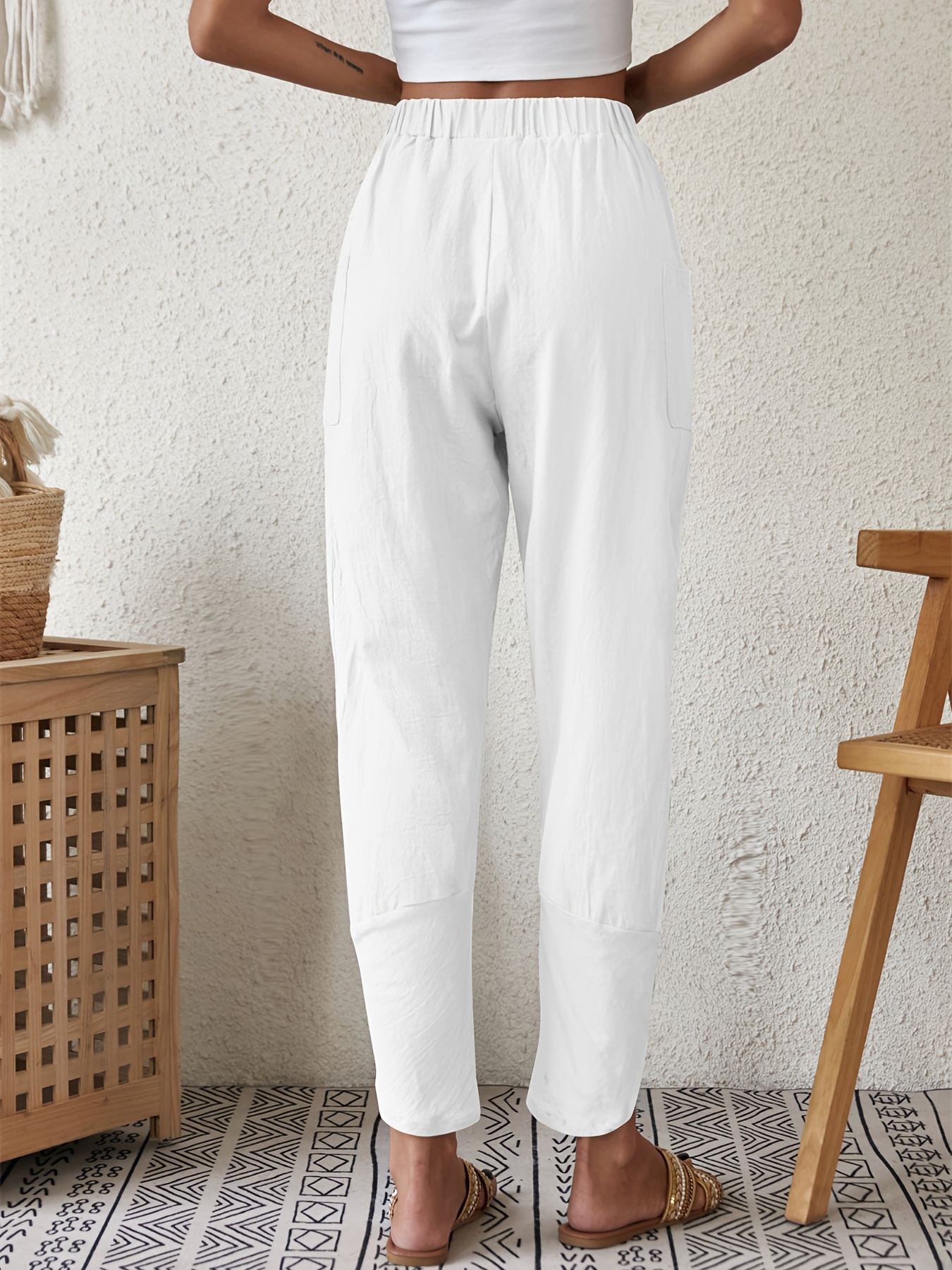 Cotton Linen Capri Pants for Women 2023 Summer Casual Elastic Waist Wide  Leg Cropped Pants Loose Fit Beach Pants with Pockets