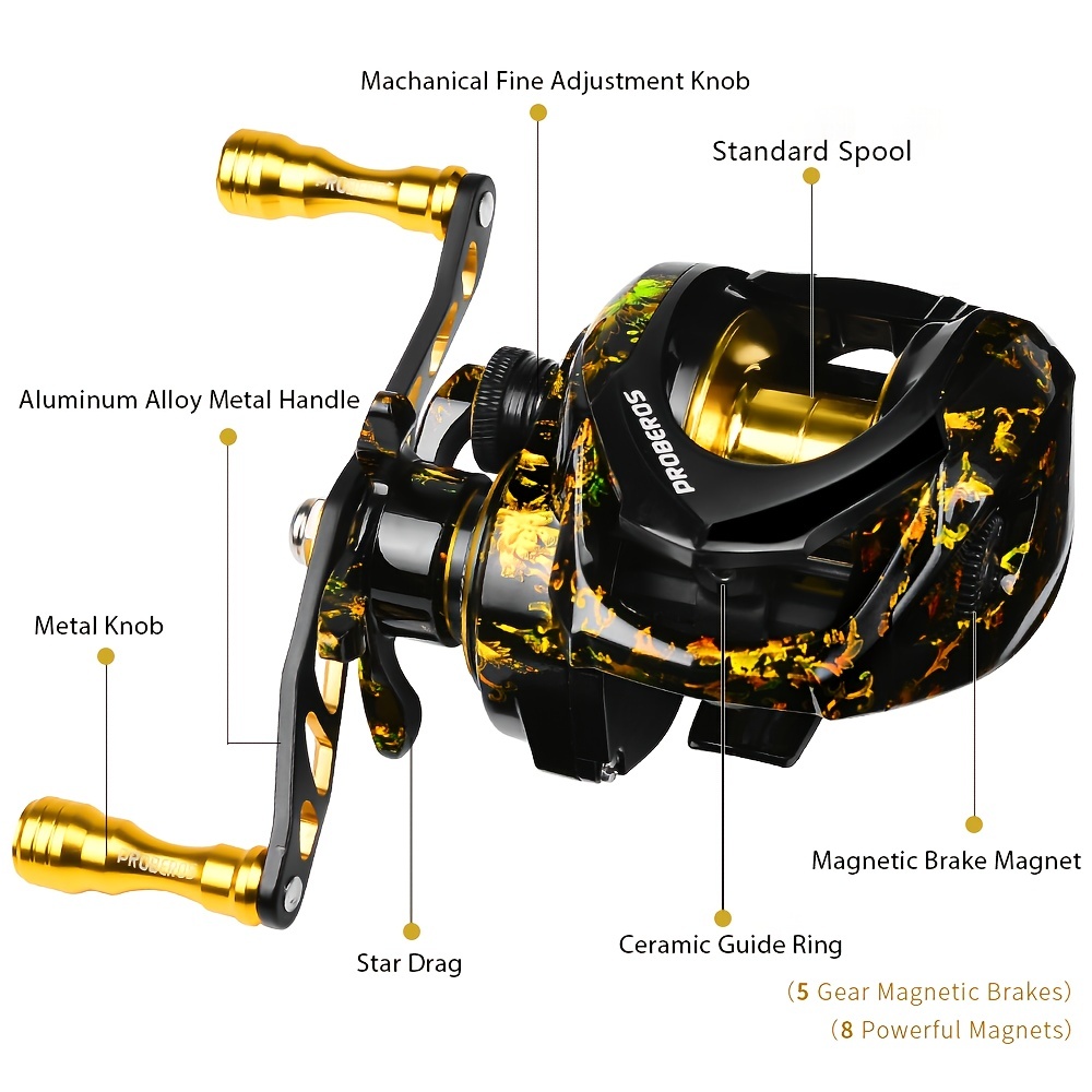 PROBEROS Baitcast Reel, 7.2:1 Gear Ratio Fishing Reel, Metal Spool 17.64LB  Max Drag Bait Casting Wheel Magnetic Brake System Fishing Reel