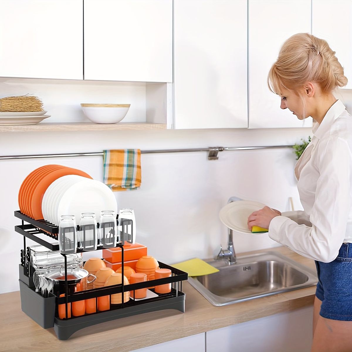 Double Layer Kitchen Draining Rack with Bowl Holder