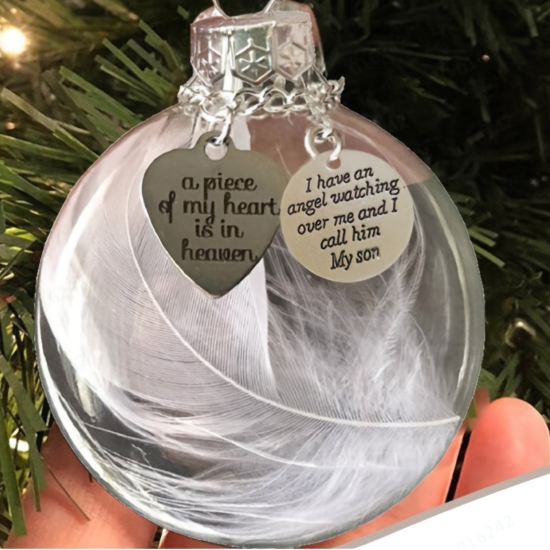 Christmas Tree Decorations Ornaments, Clear Christmas Ornament Feather Ball, A Piece of My Heart Is in Heaven, Memorial Hanging Pendant Xmas Gift 