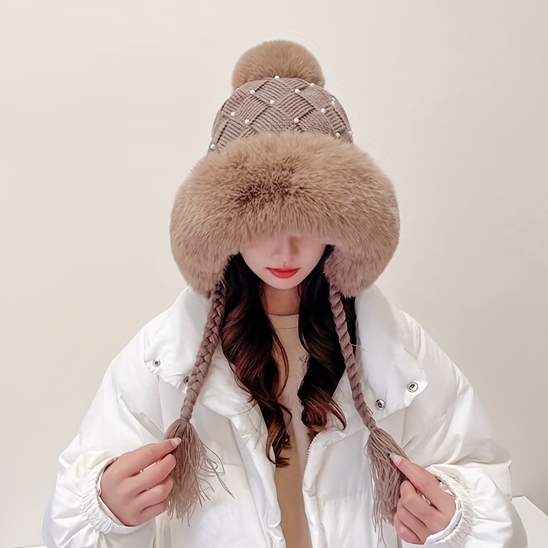 Braid Tassel Beanie With Pom Elegant Faux Fur Plush Knit - Temu