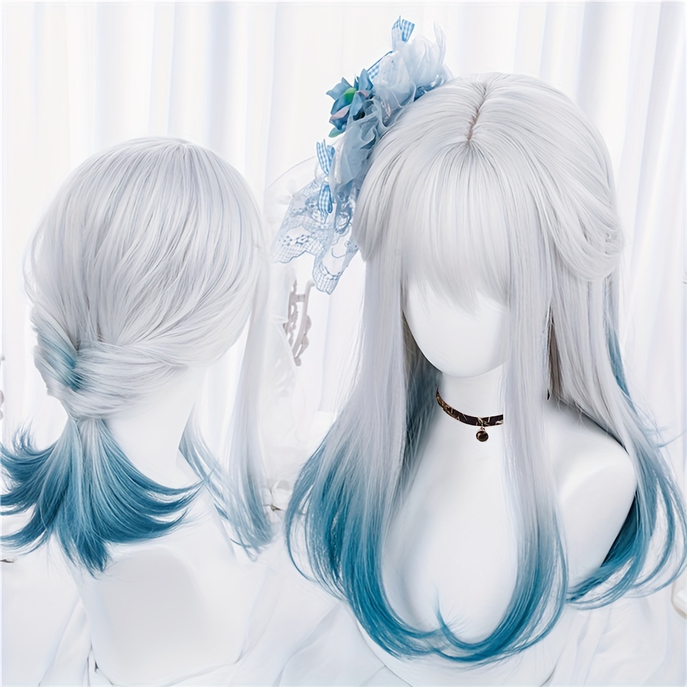 women synthetic wig long straight ombre two tone silvery grey blue hair for cosplay with bangs anime cosplay wig costume wig for halloween party details 1