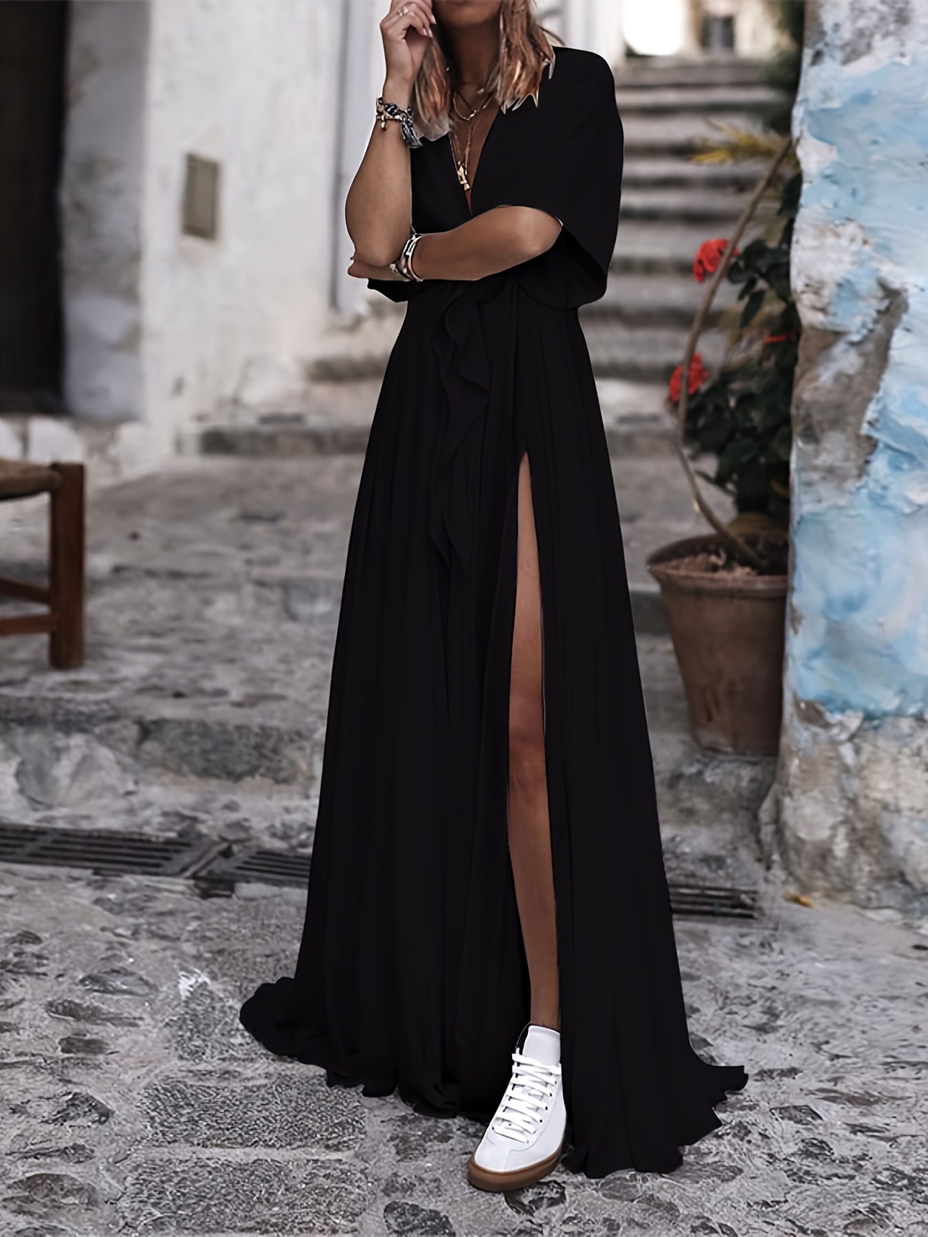 Plus Size Maxi Dresses Women Black Casual Tshirt Pockets Summer Beach Short  Sleeve Long Loose Fit Slit V Neck Sundress at  Women's Clothing store