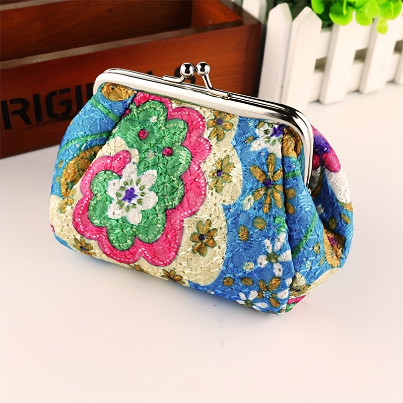 TEMU Mini Monedero Retro Con Estampado De Flores, Bolsa De Mano Con Cierre De , Cartera Portátil Para Mujer