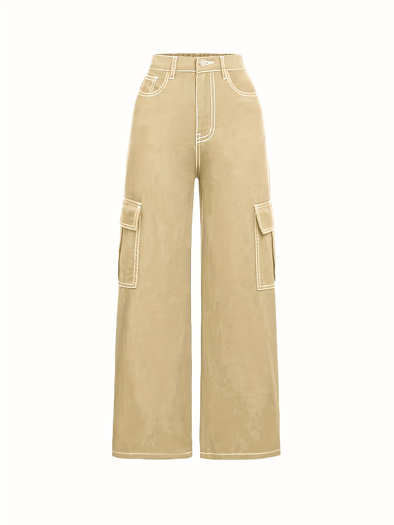 Khaki Cargo Jeans For Girls, High Rise Non-Stretch Denim Cargo Trousers  With Flap Pockets Solid Color