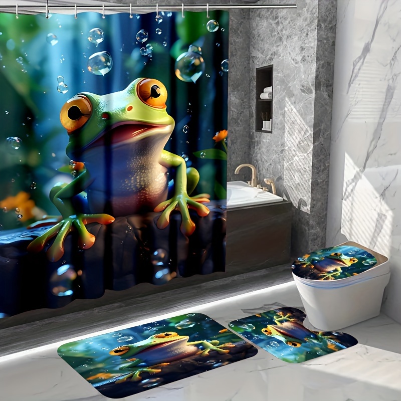 Cartoon Frog Print Shower Curtain Set Bath Rug U shape Mat - Temu