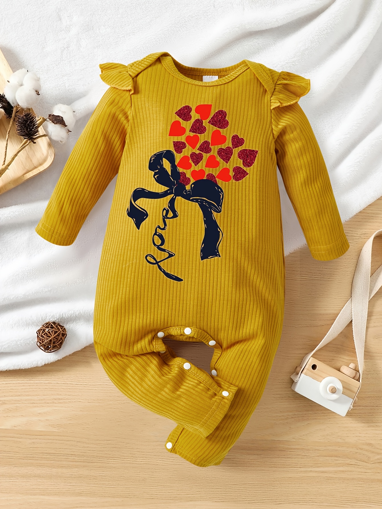 Adorable Mustard Yellow Baby Girl Romper with Heart Flower Print, Soft  Polyester, Comfy Long-Sleeve Onesie with Ruffle Detail Spring/F