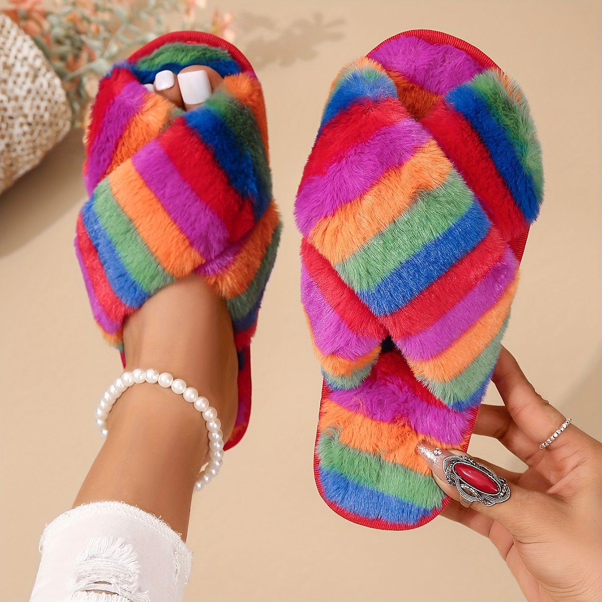 Fuzzy rainbow online slippers