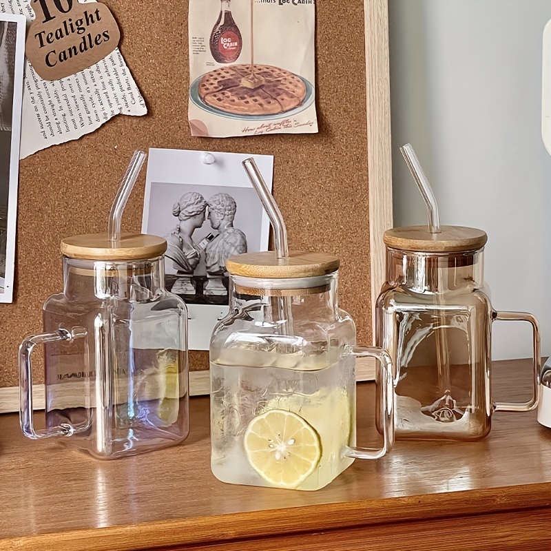 Glass Mason Jar Mug with Handle, Metal Lid and Straws