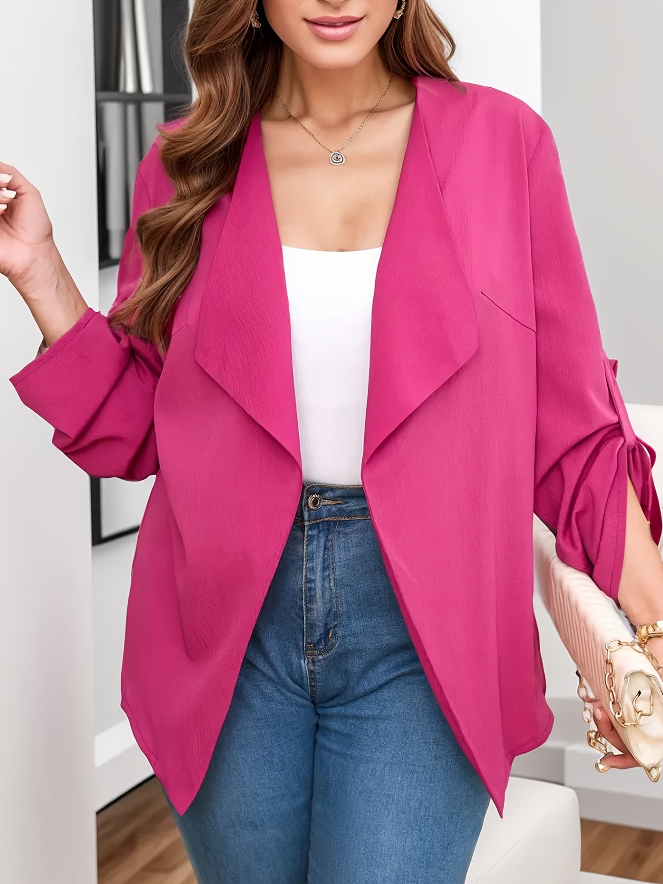 Plus Size Open Front Coat, Casual Long Sleeve Lapel Coat For Fall, Women's  Plus Size Clothing