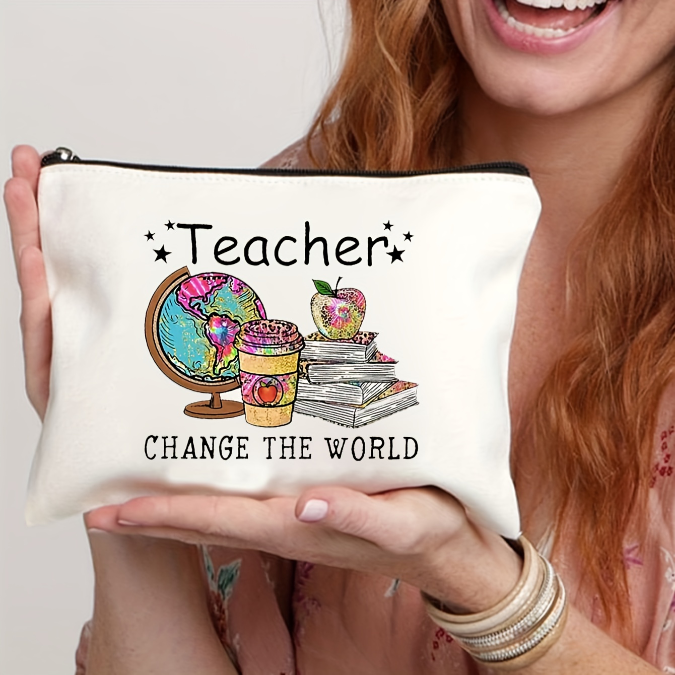 

Teacher Change The World Print Cosmetics Bag, Travel Pouch Bag Toiletry Bag, Gift For Teacher